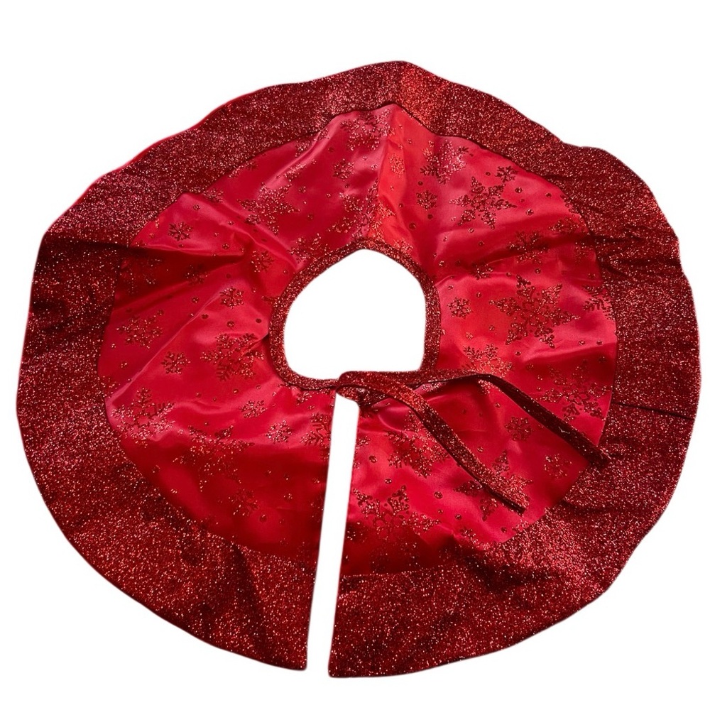 This Tiny 17inch Miniature Satin Tree Skirt with Glitter Snowflake Border in red